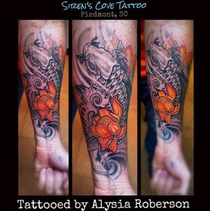 Japanese koi fish tattooed by Alysia Roberson at Siren's Cove Tattoo in Piedmont, SC!! #tattoos #tattooed #tattooedmen #tattooedman #tattooedwomen #tattooedwoman  #sc #greenvillesc #clemsonsc #andersonsc #inkmaster #koifishtattoo #sctattooist #sctattooer #sctattooartist #sctattoo #sctattooshop #sirenscove #koifish  #japanese #asian #asiantattoo #southcarolinatattooartist #tattooartist #japanesetattoo #sleeved #flowertattoo #lotustattoo #fishtattoo #southcarolinatattooartist #femaletattooartist #alysiarobersontattoo #sirenscovetattoo www.facebook.com/sirenscovetattoo www.facebook.com/Alysia.Roberson.Tattoo.Artist