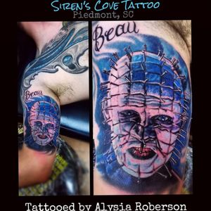 Finished this #Pinhead of Doug Bradley by Alysia Roberson at Siren's Cove Tattoo in Piedmont, SC! Some healed, some fresh.... #hellraiser #hellraisertattoo #pinheadtattoo #femaletattooartist  #tattoos #tattooed #tattooedwomen #tattooedmen #inkmaster #sc #sctattoo #sctattooshop #sctattooist #sctattooer #sctattooartist #southcarolinatattooartist #greenvillesc #andersonsc #clemsonsc #downtowngreenville #dougbradleytattoo #portraittattoo #horror #horrortattoo #horrormovie #dougbradley #sirenscovetattoo #alysiarobersontattoo www.facebook.com/Alysia.Roberson.Tattoo.Artist www.facebook.com/sirenscovetattoo