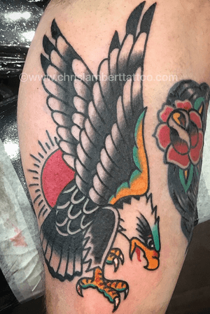 Tradional eagle tattooed on inner arm. Tattooed at Snake and Tiger tattoo in Leeds City centre UK. 