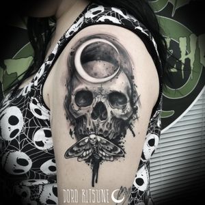 Skull moon and moth sketch tattoo in the nightBlackwork