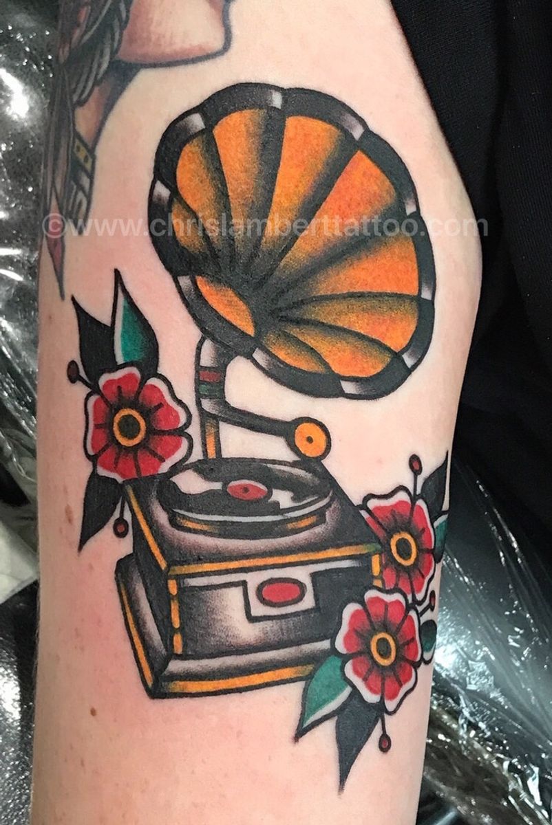 Tattoo uploaded by Chris Lambert • Tradional Gramaphone tattoo on upper ...