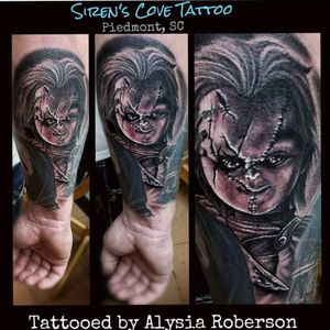 Added Chucky, tattooed by Alysia Roberson at Siren's Cove Tattoo in Piedmont, SC!! #tattoos #tattooed #chucky #chuckytattoo #brideofchucky #childsplay #horrortattoo #horror #scarymovie #scarymovietattoo #portraittattoo #realistictattoo #sleeved #sleevetattoo  #realistic #tattoos #tattooed #tattooedmen #tattooedman #tattooedwoman #tattooedwomen #sc #sctattooartist #sctattoo #sctattooshop #sctattooist #sctattooer #downtowngreenville #southcarolinatattooartist #greenvillesc #andersonsc #clemsonsc #alysiarobersontattoo #sirenscovetattoo www.facebook.com/Alysia.Roberson.Tattoo.Artist www.facebook.com/sirenscovetattoo