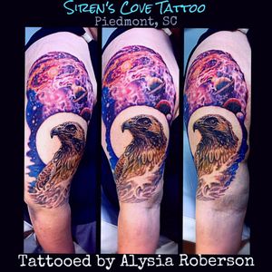 Added galaxy background to the hawk we tattooed only 2 days before!!! We MIGHT add a simple clock face behind the hawk...might stay open...idk yet... this guy is a CHAMP!! No complaints and no breaks! Hawk bird and galaxy halfsleeve tattoo by Alysia Roberson at Siren's Cove Tattoo in Piedmont, SC!! #starwars #galaxy #galaxytattoo #startattoo #sleeve #sleeved #sleevetattoo #planetstattoo #halfsleevetattoo #greenvillesc #andersonsc #clemsontigers #inkmaster #sc #sctattooartist #tattoos #tattooartist #spacetattoo #sctattooshop #inkmaster #startrek #tattooedwomen #tattooedwoman #tattooedmen #eagletattoo #tattooedman #alysiarobersontattoo #femaletattooartist #sleeve #outerspace #realism #realistic #hawk #hawktattoo #birdtattoo #animaltattoo #realistictattoo www.facebook.com/Alysia.Roberson.Tattoo.Artist www.facebook.com/sirenscovetattoo