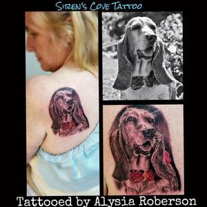 Her basset hound of 14 and a half years passed away.... lived a long and happy life...this is her 1st tattoo!!! Black and grey besides the handmade collar she made her!!! Lovvvve how this came out--realistic animal tattoos are my favorite!!! #tattoos #tattooed #tattooedwomen #1sttattoo #dogtattoo #realistictattoo #realistic #realism #inkedanimals #bassethound #bassethoundsofinstagram #hounddog #ilovemydog #memorialtattoo #furbaby #backtattoo #sc #sctattooartist #sctattooist #sctattooer #sctattoo #sctattooshop #yeahthatgreenville #greenvillesc #andersonsc #inkmaster #femaletattooartist #alysiarobersontattoo #sirenscovetattoo #portraittattoo #animaltattoo www.facebook.com/sirenscovetattoo Www.facebook.com/ Alysia.Roberson.Tattoo.Artist