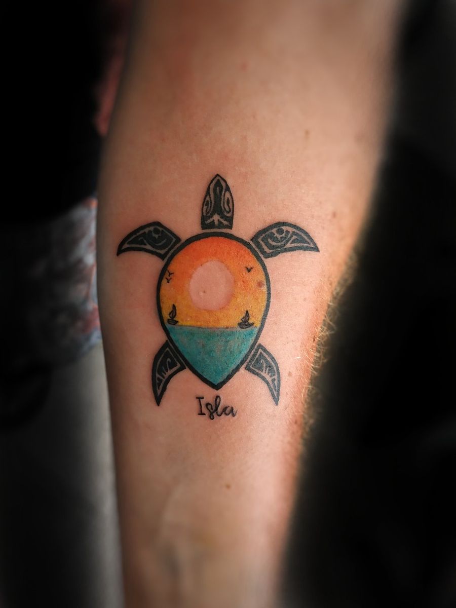 Tattoo uploaded by Black Sails Tattoo Isla Mujeres • Turtle with sunset ...