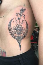Cresent moon with lotus flower and Zodiac signs for a mother daughter tattoo on the ribs of a babe! 