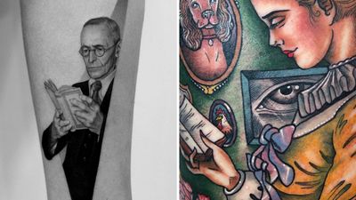 Book tattoo on the left by Pawel Indulski and book tattoo on the right by Guen Douglas #GuenDouglas #PawelIndulski #booktattoos #literarytattoos #booktattoo #literarytattoo #books #book #reading #literature