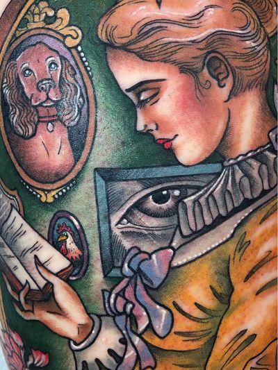 A girl reading tattoo by Guen Douglas #GuenDouglas #booktattoos #literarytattoos #booktattoo #literarytattoo #books #book #reading #literature #Flaubert #girl #portrait #neotraditional