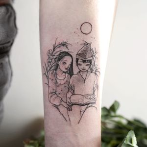 Peter Pan and Wendy book tattoo by Zihae #Zihae #booktattoos #literarytattoos #booktattoo #literarytattoo #books #book #reading #literature #illustrative #linework #flower #wendy #peterpan #childrensbooks