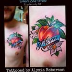 Georgia Peach tattoo for his mom that is originally from Georgia, tattooed by Alysia Roberson at Siren's Cove Tattoo in Piedmont, SC! #momhearttattoo #peachtattoo #georgiapeach #gapeach #momtattoo #hearttattoo #chesttattoo #foodtattoo #momheart #mom #peaches #madeingeorgia #GA #georgia #georgian #tattoos #sc #sctattooartist #sctattooist #sctattoo #sctattooer #sctattooshop #downtowngreenville #greenvillesc #andersonsc #clemsonsc #neotrad #traditional #traditionaltattoo #oldschooltattoo #oldschool #flowertattoo #neotraditionaltattoo #neotraditional #alysiarobersontattoo #sirenscovetattoo www.facebook.com/Sirenscovetattoo www.facebook.com/Alysia.Roberson.Tattoo.Artist