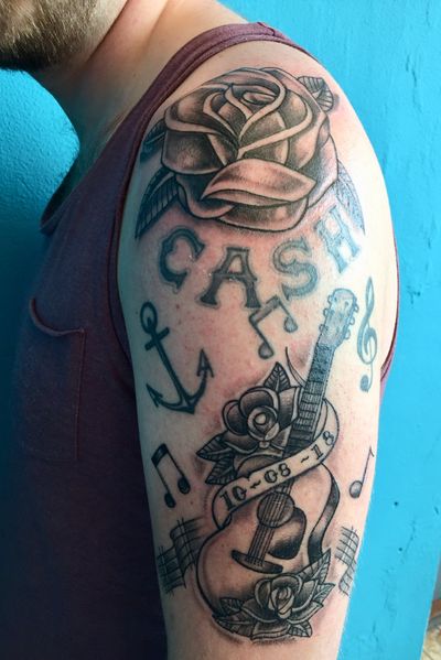 Done by Stevie Guns @balmtattoo @swallowink #tat #tatt #tattoo #tattoos #tattooart #tattooartist #blackandgrey #blackandgreytattoo #oldschool #oldschooltattoo #shoulder #shouldertattoo #guitar #guitartattoo #cash #johnnycash #johnnycashtattoo #cashtattoo #rose #rosetattoo #ink #inkee #inkedup #inklife #inklovers #ink_sta_gram #art #bergenopzoom #netherlands