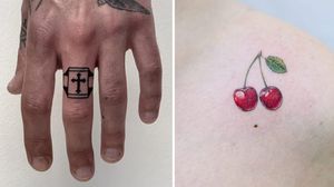 Tiny finger tattoo on the left by Ylitenzo and tiny cherry tattoo on the right by Heemee #Heemee #Ylitenzo #tinytattoos #tinytattoo #smalltattoo #small #tiny #minimal #mini