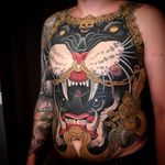 Neo Traditional tattoo by Bjorn Liebner #BjornLiebner #tattooartist #neotraditional #illustrative #darkart #antique #vintage #Japanese #Hindu #chain #buddhism #junglecat #panther #chesttattoo