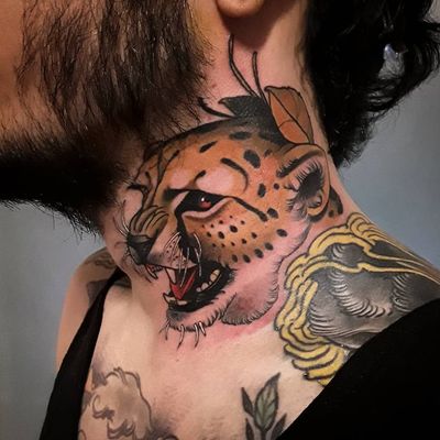 Neo Traditional tattoo by Bjorn Liebner #BjornLiebner #tattooartist #neotraditional #illustrative #darkart #antique #vintage #Japanese #cheetah #junglecat #cat #necktattoo