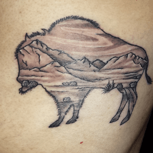 My Wichita Mountains Bison by @killer.queen.bee (insta). Oklahoma Tattoo Gallery #bison #buffalo #bisontattoo #BuffaloTattoo #firsttattoo #mountains #oklahoma 