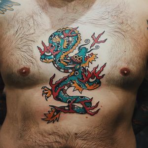 Dragon tattoo by Liam Alvy #LiamAlvy #dragontattoos #dragontattoo #dragon #mythicalcreature #myth #legend #magic #fable