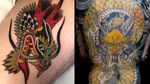 Dragon tattoo on the left by Marvin Diekmaennken and dragon tattoo on the right by Ichi Hatano #IchiHatano #MarvinDiekmaennken #dragontattoos #dragontattoo #dragon #mythicalcreature #myth #legend #magic