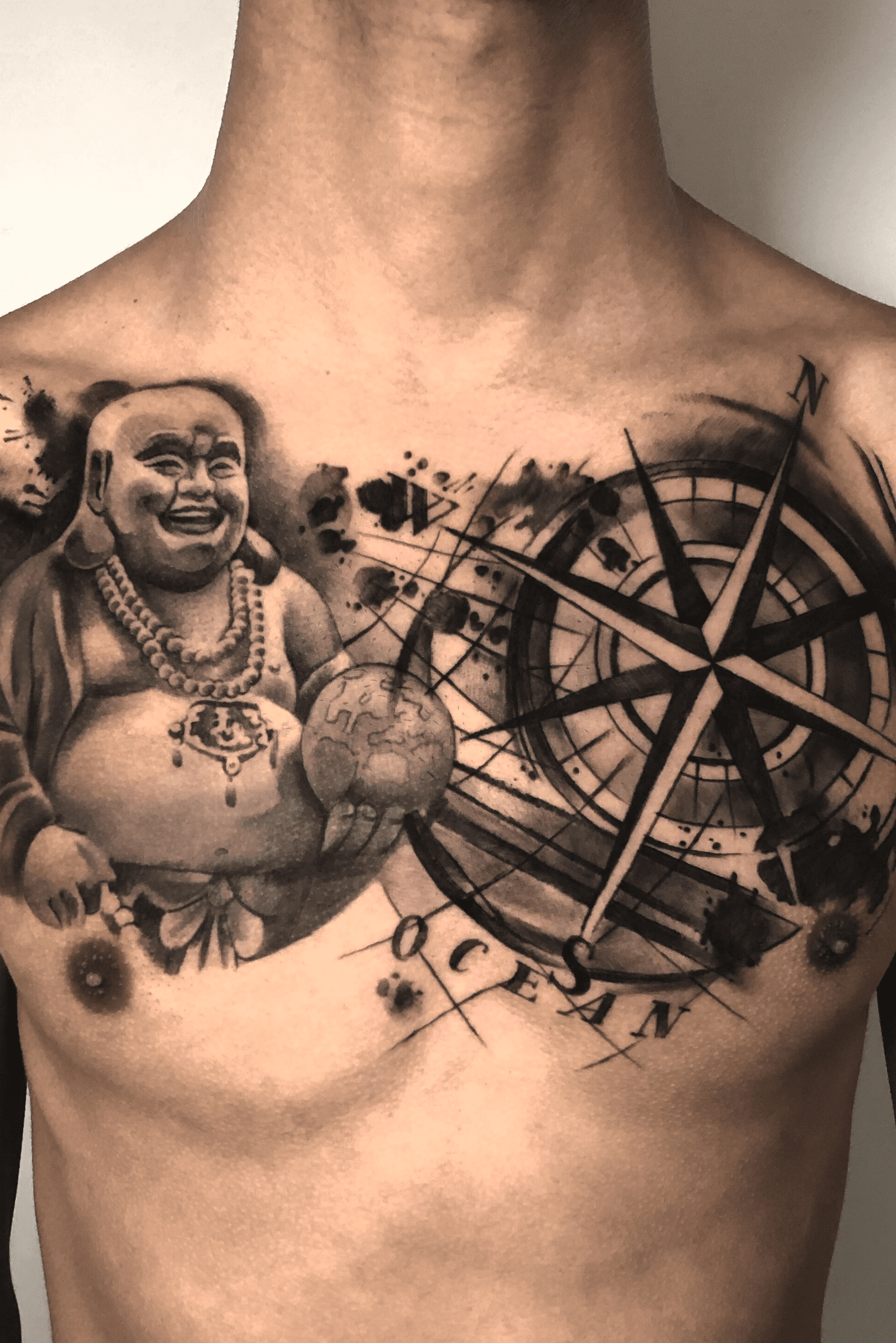 Fun piece- chest piece on André. Not my usual style, but I thought I’d share it anyway ? laughing Buddha healed from 3 weeks ago. Using @cheyenne_tattooequipment @dynamiccolor @barberdtssupplies @yayofamilia super cool amazing aftercare ? . . #trashpolka 