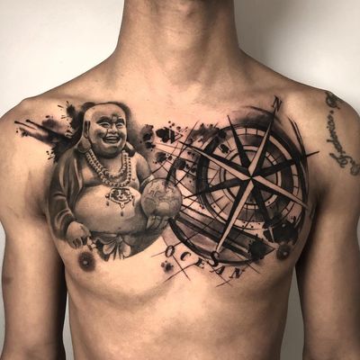 Chest tattoo by Cloto Acherontia #ClotoAcherontia #tattooartist #besttattoos #awesometattoos #tattoosformen #tattoosforwomen #tattooidea #neotraditional #blackandgrey #chesttattoo #buddha #compass