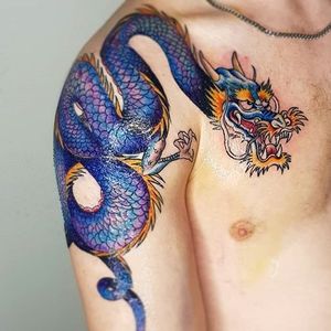 Neo traditional Dragon piece done by Manth Baxter. Manth has a real talent for bright colour pieces and both Neo and New traditional styles 
