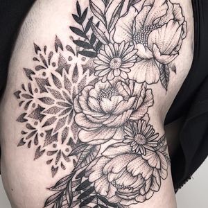 Line work and dotwork thigh piece by Louise Sargent. Louise has an eye for detail and clean concise lines. 