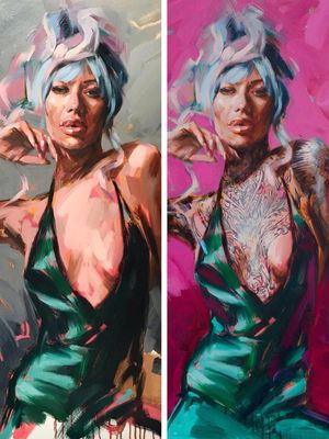 Before tattoos and after tattoos. Painting by Chris Guest #ChrisGuest #painting #tattoopainting #tattooidea #tattoomodel #oilpaint #tattooart