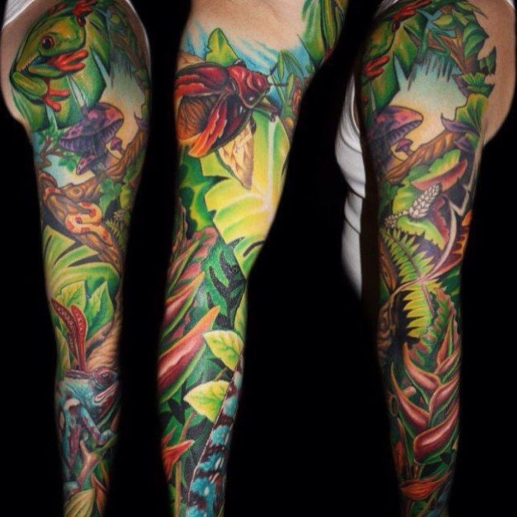rainforest inspired quarter sleeve healed by Chris Rogers TattooNOW