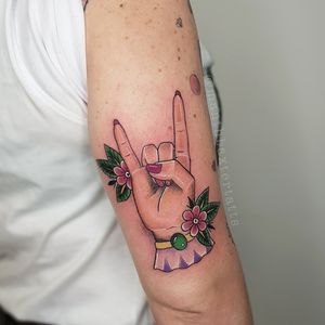 Rock and roll hand by Neo Traditional artist Manth Baxter 