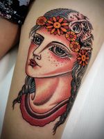 Lady head tattoo by Badi aka bartekbadi #Badi #Bartekbadi #tattooartist #besttattoos #awesometattoos #tattoosformen #tattoosforwomen #tattooidea #traditional #skull #death #ladyhead #lady #portrait #flowers