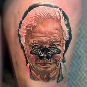 David Attenborough done by Realism artist Aggie Vnek. Specialising in portrait tattoos and vibrant colour realism  