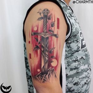 My version of Excalibur, Hermie's first tattoo. (4 hour session) #charmth #customtattoos #excalibur #blackandred #ladytattooist #firsttattoo #portfolio #blood #illustrative #abstract #welove #tattoodo #inked #blackandgrey #red #sword