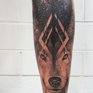 Black and Grey Realistic Geometric Wolf Forest Nature Tattoo