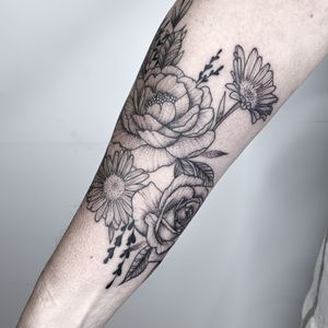 Floral forearm piece by Linework/Dotwork artist Louise Sargent.