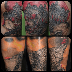 Two big pieces done in 2013.The first is #conceptual.The second one "Follow the leader" cover album @kornofficial•••#revynove#wartattoo#korn#coveralbum#againstwar#onu#realistictattoo#realisticeffect#tattooedillustration#red#black#orange#redandblack#blackandgrey#soldiers#weapons#feather#peace#blood#followtheleader#legtattoo#legs #korntattoo#korn#concept #revy