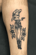 Sailor Jerry Cowgirl Pin-Up tattoo on the Leg