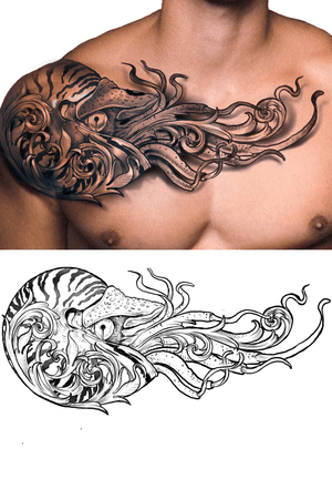 Tattoo uploaded by Kingston Art • Nautilus scrolling custom chest tattoo  composition for client. Thanks for the trust for let me design this!! I  love interesting designs idea and subject or style.