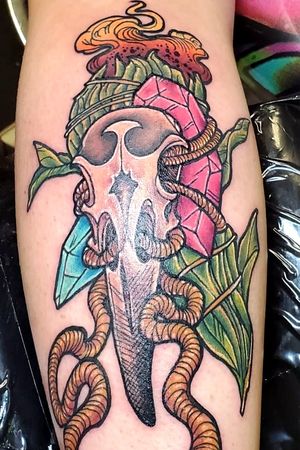 A little witchy piece I got to do a while back!#witchy #bright #gems #bird #skull #sage #fire #clean #crisp #linework #tattooartist #tattoodo #rope #crystals #neotraditional #newschool #color #tattoo #followtattooartist #followme #followme #books #boobs 