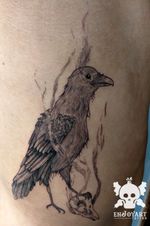 Crow designed and tattooed by me with singleneedle // cuervo diseñado y tatuado por mi con rl1. #crowtattoo #crow #animaltattoo #animals #singleneedletattoo #singleneedle #fineline 