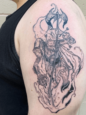 “Burn thee with thy eternal fire.” Immortal, toasty #undead warrior for Jeremiah. Thanks for geeking out with me and discussing the finer points of terrible midwestern metal “gems” from mid-late 90’s. Made at @americancrowtattoo ⚔️