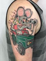 Rat Fink tattoo by Dansin #Dansin #RatFinktattoos #RatFinktattoo #RatFink #color #KustomKulture #rockabilly #hotrod #hotrodtattoo
