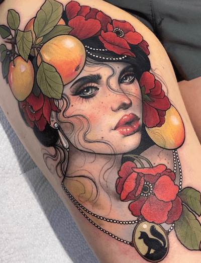 Portrait tattoo by Hannah Flowers #HannahFlowers #portrait #lady #apple #nature #fox #neotraditional #pearls #beautiful #ornamental 