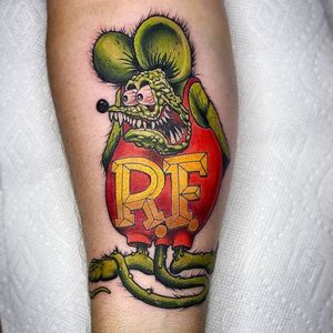 Rat Fink tattoo by Adam Christopher #AdamChristopher #RatFinktattoos #RatFinktattoo #RatFink #color #KustomKulture #rockabilly #hotrod #hotrodtattoo