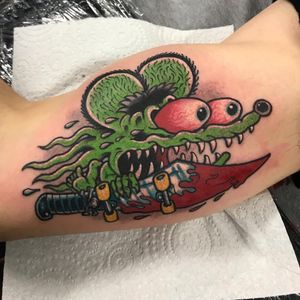 Rat Fink tattoo by Josh Charlton #JoshCharlton #RatFinktattoos #RatFinktattoo #RatFink #color #KustomKulture #rockabilly #hotrod #hotrodtattoo