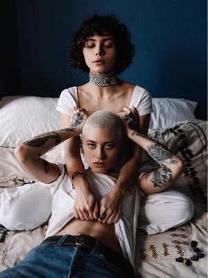 Photo of TJ and their partner Macy Sorrelle #TJ #renegades #nonbinary #tattoomodel #tattooart #tattooinspo #GoFundMe #fundraiser #tattoocommunity