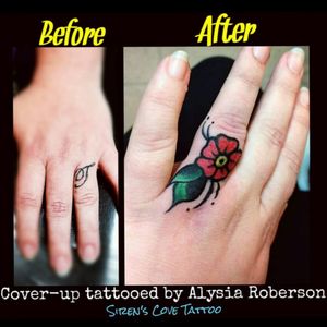Cover-up tattooed by Alysia Roberson at Siren's Cove Tattoo in Piedmont, SC!! #coveruptattoo #coverup #tattoonightmares #newchapter #oldschooltattoo #oldschooltattoos #traditionaltattoo #flowertattoo #fingertattoo #nametattoo #weddingbandtattoo #traditional #fingertattoos #sc #sctattoo #sctattooartist #sctattooshop #girlytattoo #sctattooist #sctattooer #southcarolinatattooartist #greenvillesc #downtowngreenville #smalltattoos #greenvillefashionweek #greenvillefashion #Alysiarobersontattoo #sirenscovetattoo www.facebook.com/sirenscovetattoo www.facebook.com/Alysia.Roberson.Tattoo.Artist Instagram: @sirens_cove_tattoo 