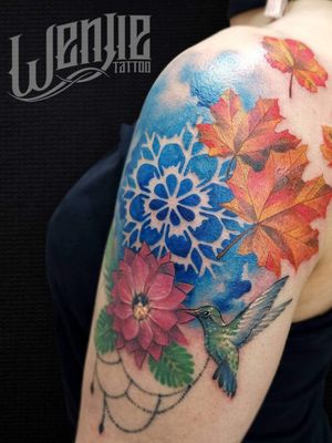 "4 Estaciones".......#flowers #fourseasons #Hummingbird #colors #watercolors #stains #summer #winter #autumn #spring #tattoo #tattooenvigado