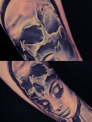 #blackandgrey #surrealism #realism #forearmtattoo #tattoodo #book #skull #woman #womansface #trees #forest 