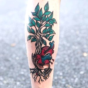 Tattoo by Danny Cash from Hot Flash Tattoo WillisauTree of Life #tree #heart #calf 