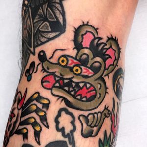 Rat Fink tattoo by Needles Tattooing #NeedlesTattooing #RatFinktattoos #RatFinktattoo #RatFink #color #KustomKulture #rockabilly #hotrod #hotrodtattoo