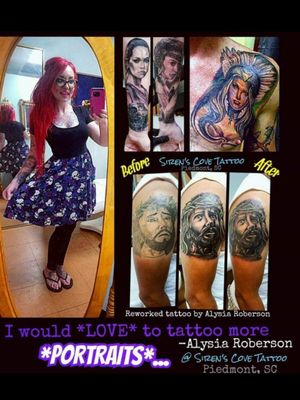 Tattoos by one of South Carolina 's best female tattoo artists, Alysia Roberson, at Siren's Cove Tattoo in Piedmont, SC (near Greenville, SC!)!!! Call or come by SC Tattoo for an appointment, thanks!!! #tattoos #tattooed #tattooedwomen #tattooedwoman #inkedgirls #inkedgirl #inkedfemales #girlytattoo #beautifultattoo #colortattoo #blackandgreytattoo #blackandgrey #tattooartist #femaletattooartist #femaleartist #ladytattooer #ladytattooers #ladytattooist #femaletattooist #femaletattooer #siren #sirenscove #tattoosiren #sirentattoo #mermaid #mermaidtattoo #alternativegirl #piercings #dimplepiercing #septumpiercing #redhead #redhair #jesus #jesustattoo #religioustattoo #christiantattoo #christian #christ   #glasses #alternative #tattooist #tattooer #tattooers #coveruptattoo #coverup #tattoonightmares #portraittattoo #animaltattoo #animalportrait #realism #realistic #starwars #starwarstattoo #starwarsfan   #oldschooltattoo #traditionaltattoo #sc #nativeamericantattoo #eagletattoo #sctattoo #sctattooartist #halfsleeve #sleeve #sleeved #chesttattoo #sctattooshop #sctattooist #sctattooer #southcarolinatattooartist #greenvillesc #downtowngreenville #andersonsc #clemsonsc #yeahthatgreenville #clemson #clemsontattoo  #clemsontigers  #Alysiarobersontattoo #sirenscovetattoo www.facebook.com/sirenscovetattoo www.facebook.com/Alysia.Roberson.Tattoo.Artist Instagram:@sirens_cove_tattoo 